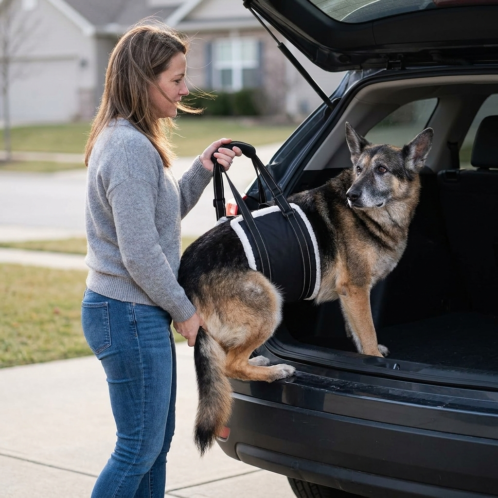 Helping a senior German Shepherd into the car
