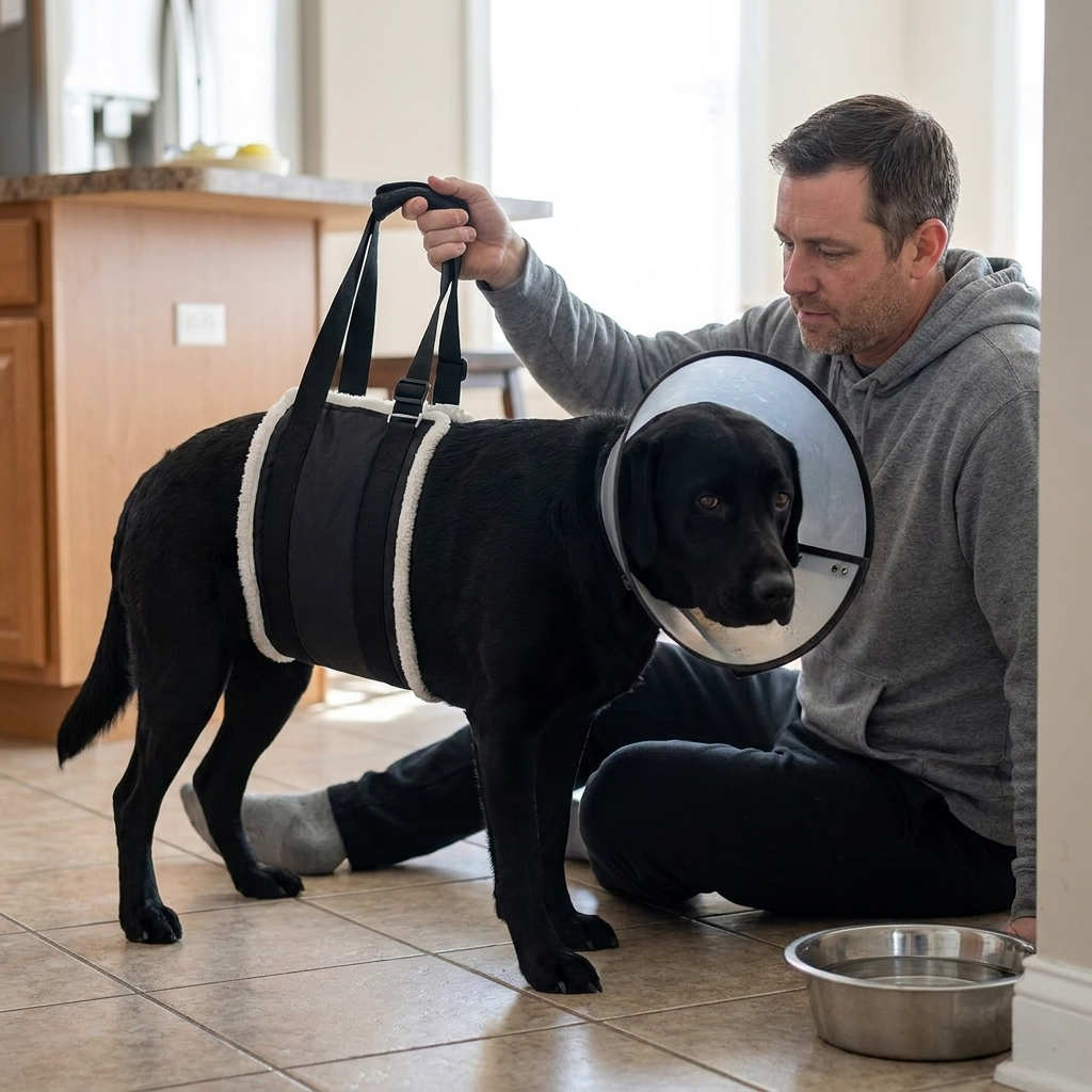 Post-surgery recovery — black Labrador in the sling