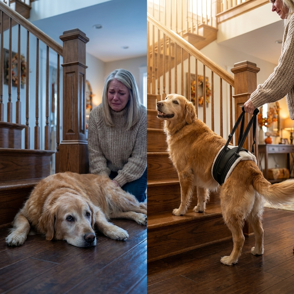 Before and after — senior dog standing again with the sling