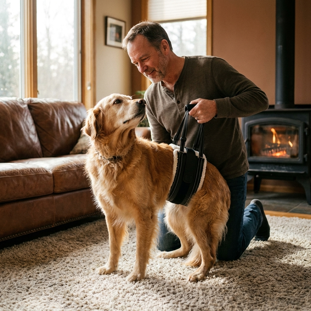 Senior Golden Retriever wearing the sling