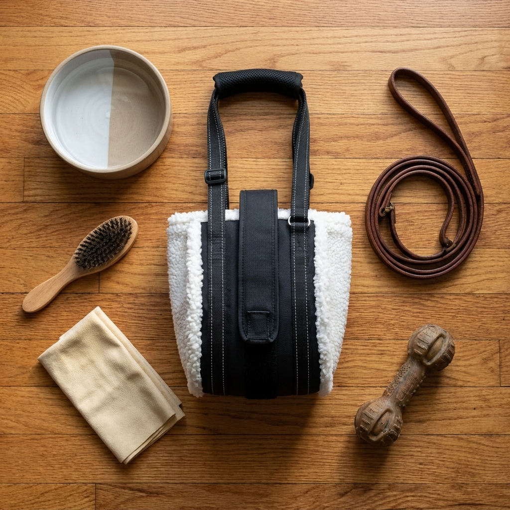 EverPup sling flat lay with collar and brush